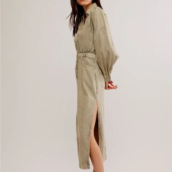 Free People Sage Denim Midi Dress Light Khaki Long Sleeve